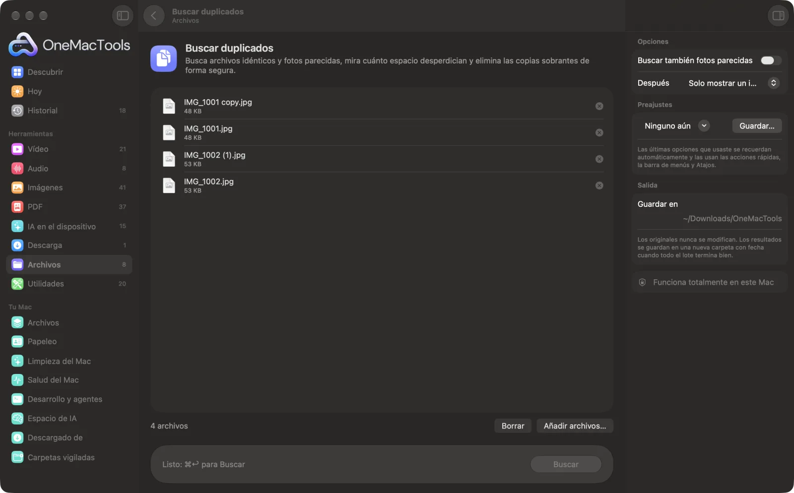 Buscar duplicados en OneMacTools en un Mac, con archivos de ejemplo y sus opciones