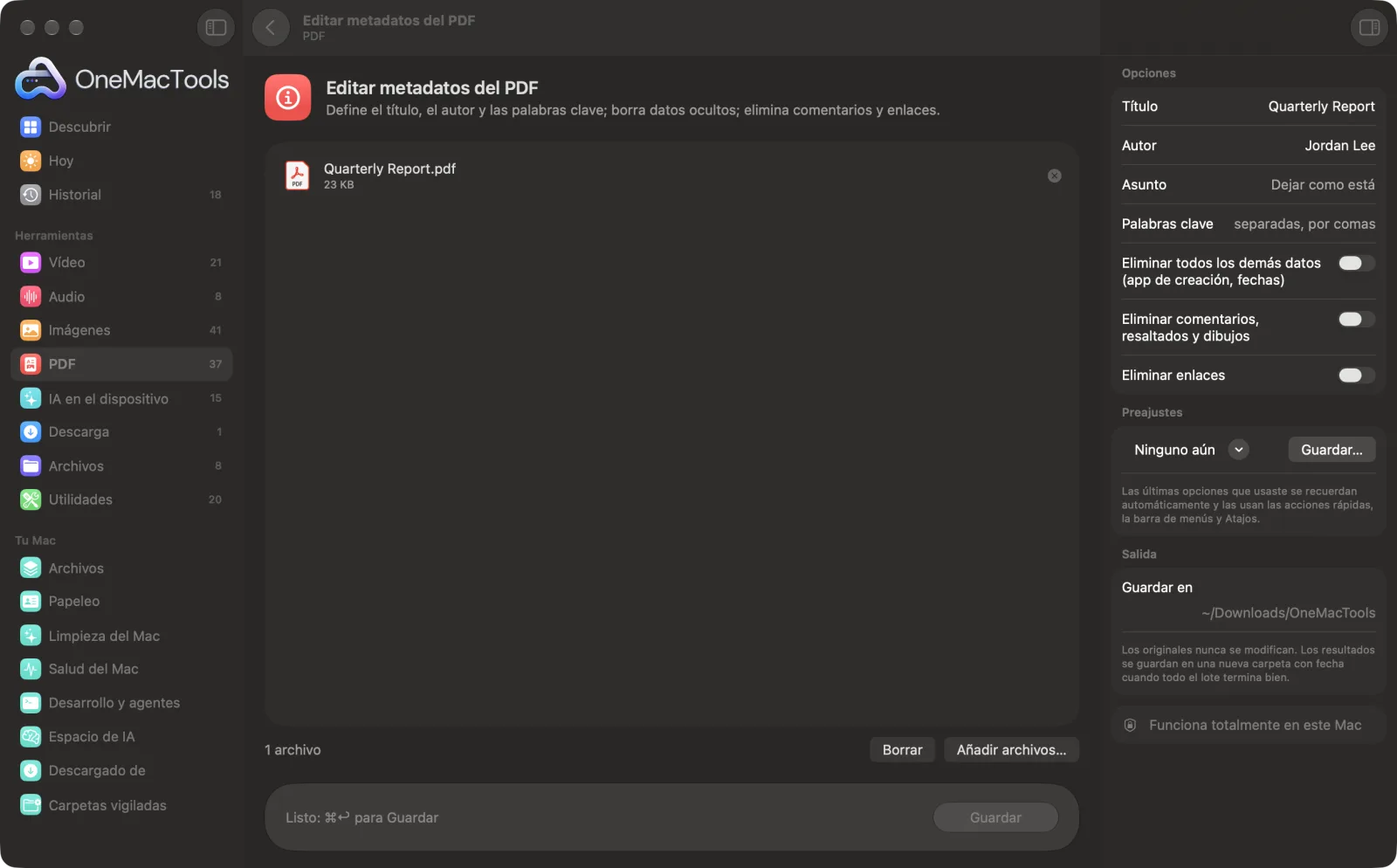 Editar metadatos del PDF en OneMacTools en un Mac, con archivos de ejemplo y sus opciones