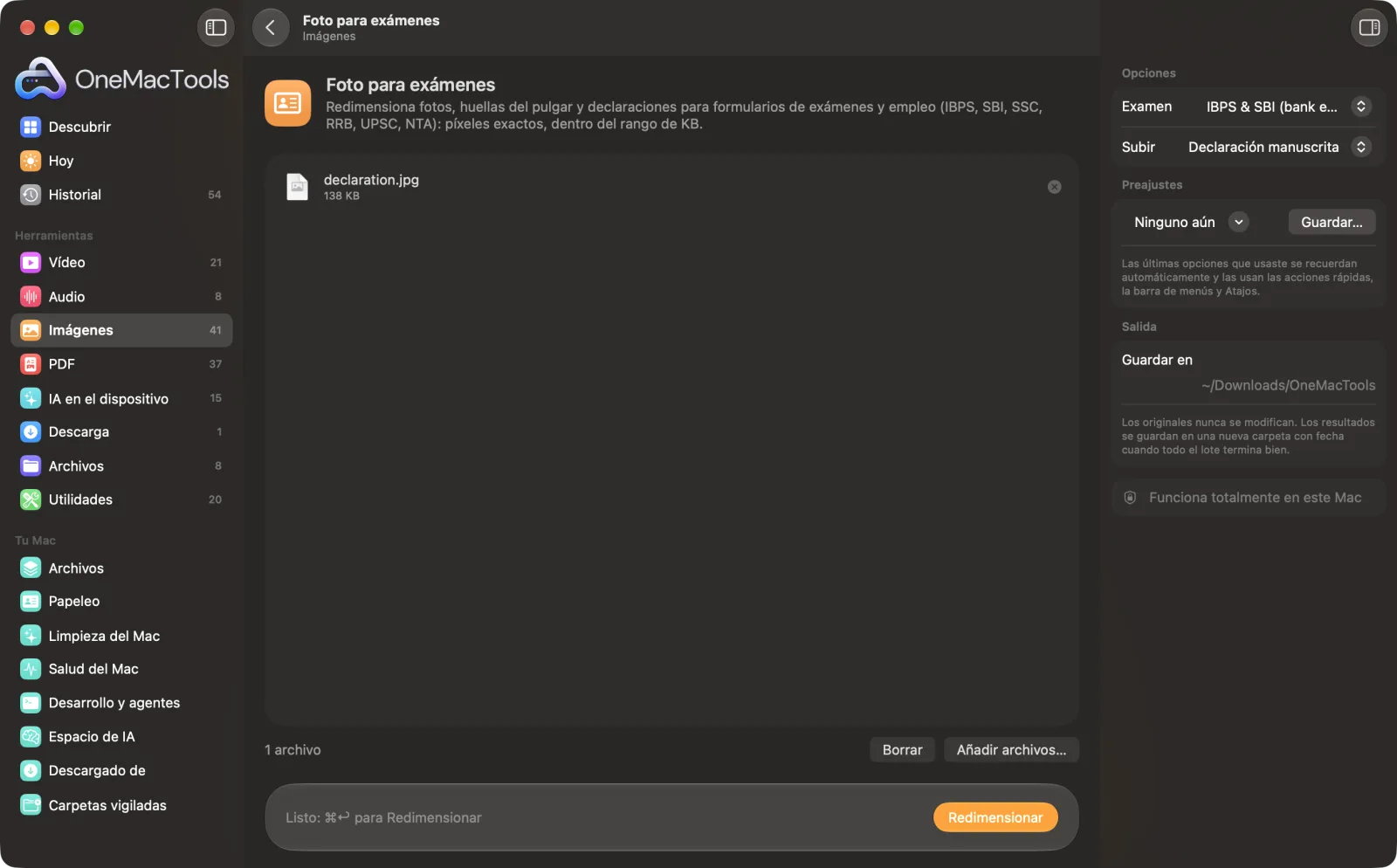 Foto para exámenes en OneMacTools en un Mac, con archivos de ejemplo y sus opciones