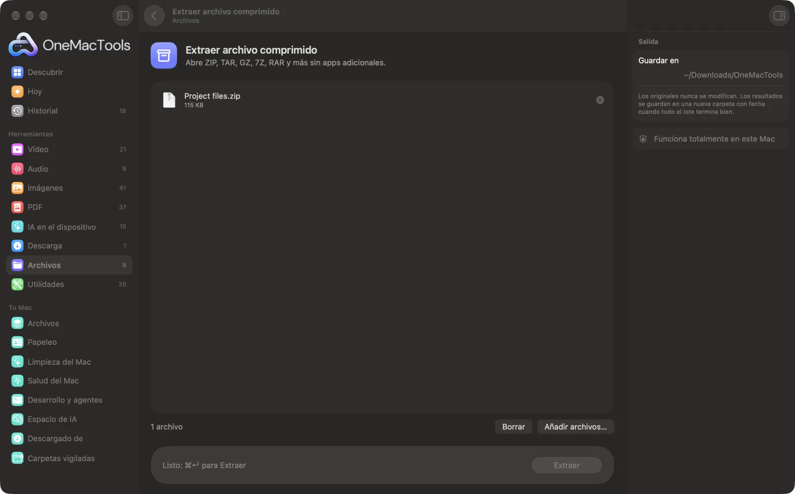 Extraer archivo comprimido en OneMacTools en un Mac, con archivos de ejemplo y sus opciones