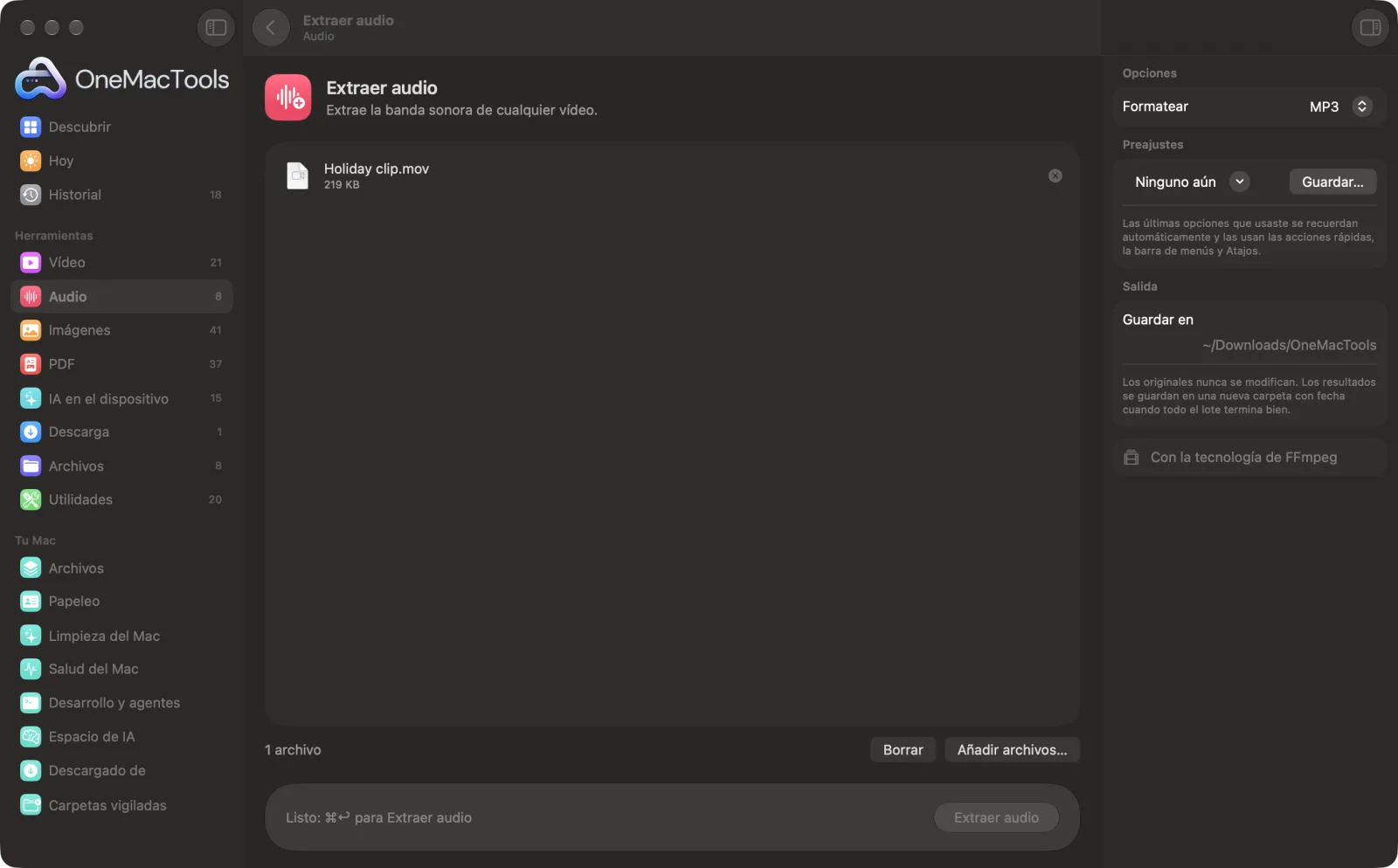 Extraer audio en OneMacTools en un Mac, con archivos de ejemplo y sus opciones