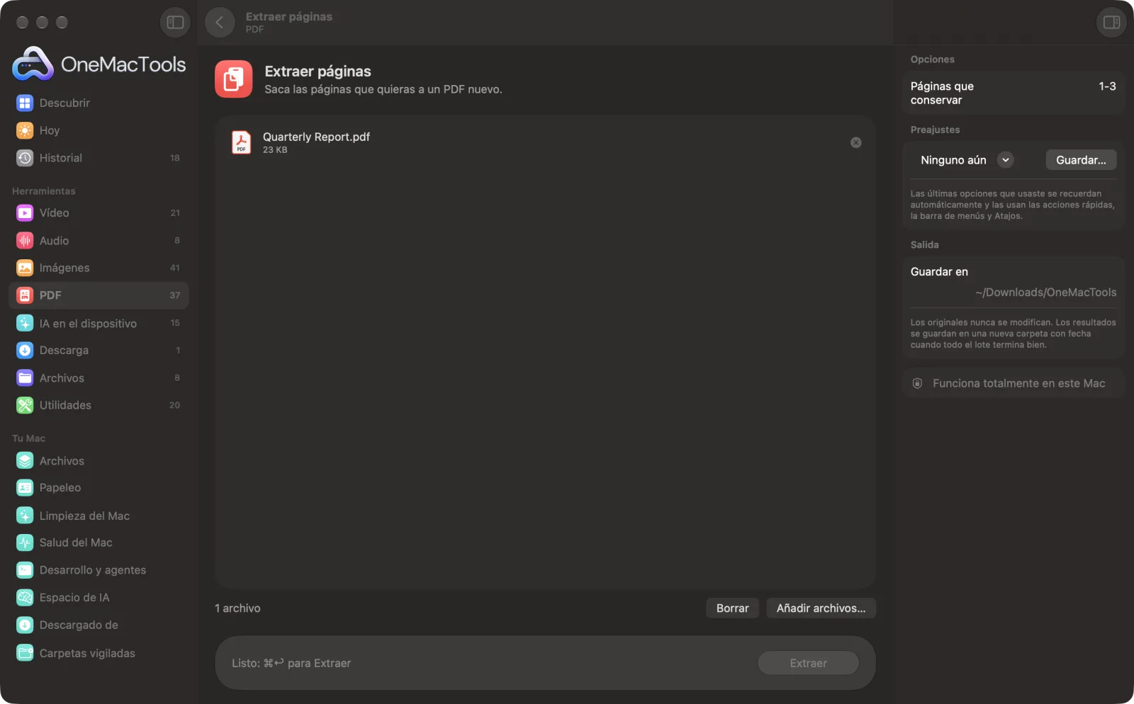 Extraer páginas en OneMacTools en un Mac, con archivos de ejemplo y sus opciones