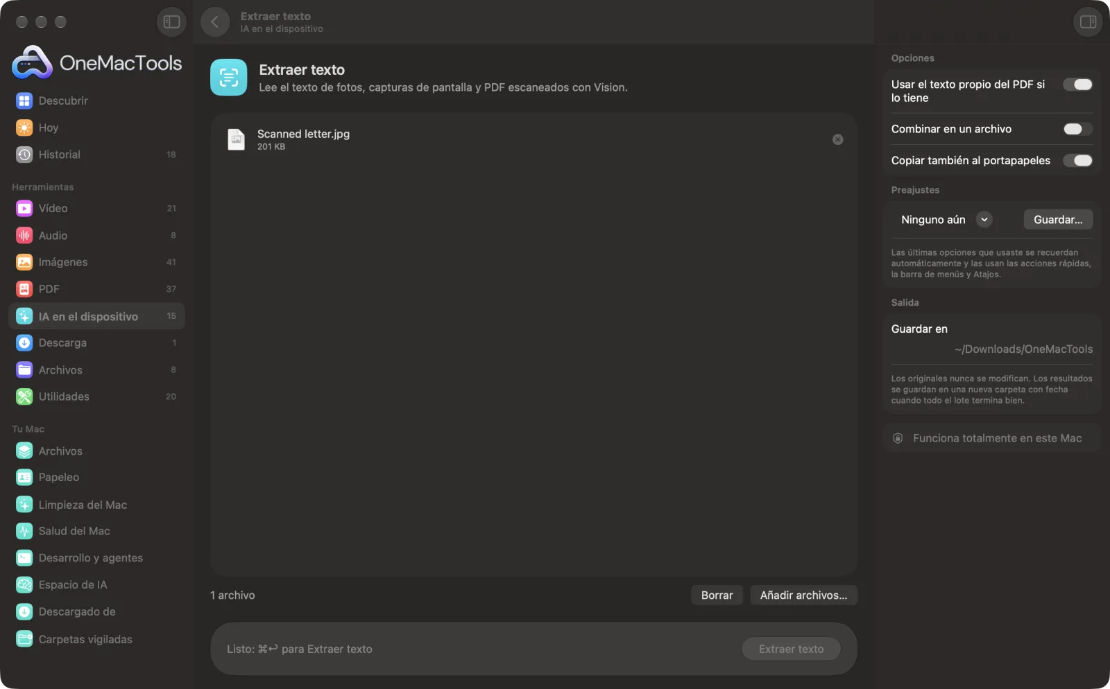 Extraer texto en OneMacTools en un Mac, con archivos de ejemplo y sus opciones