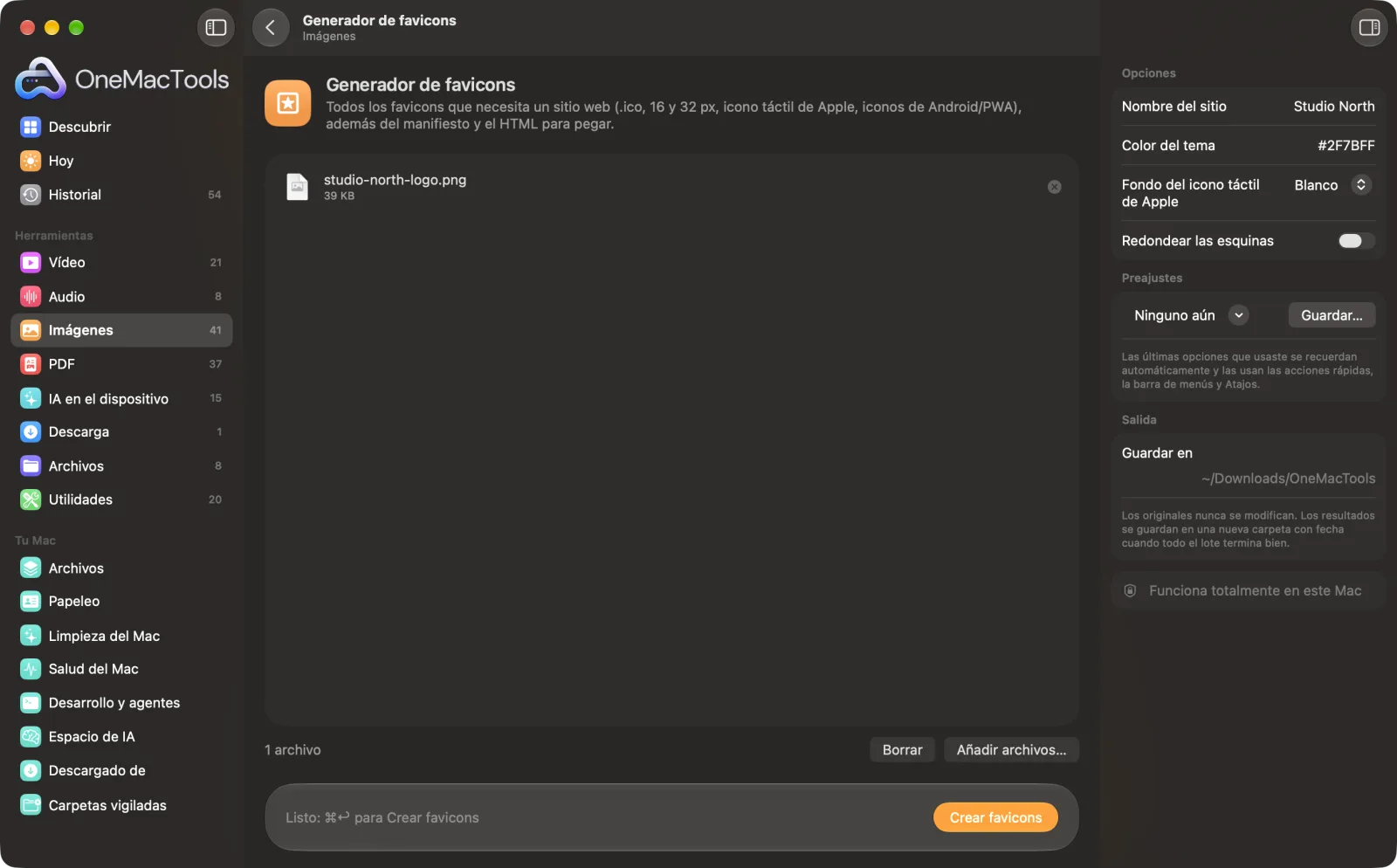 Generador de favicons en OneMacTools en un Mac, con archivos de ejemplo y sus opciones