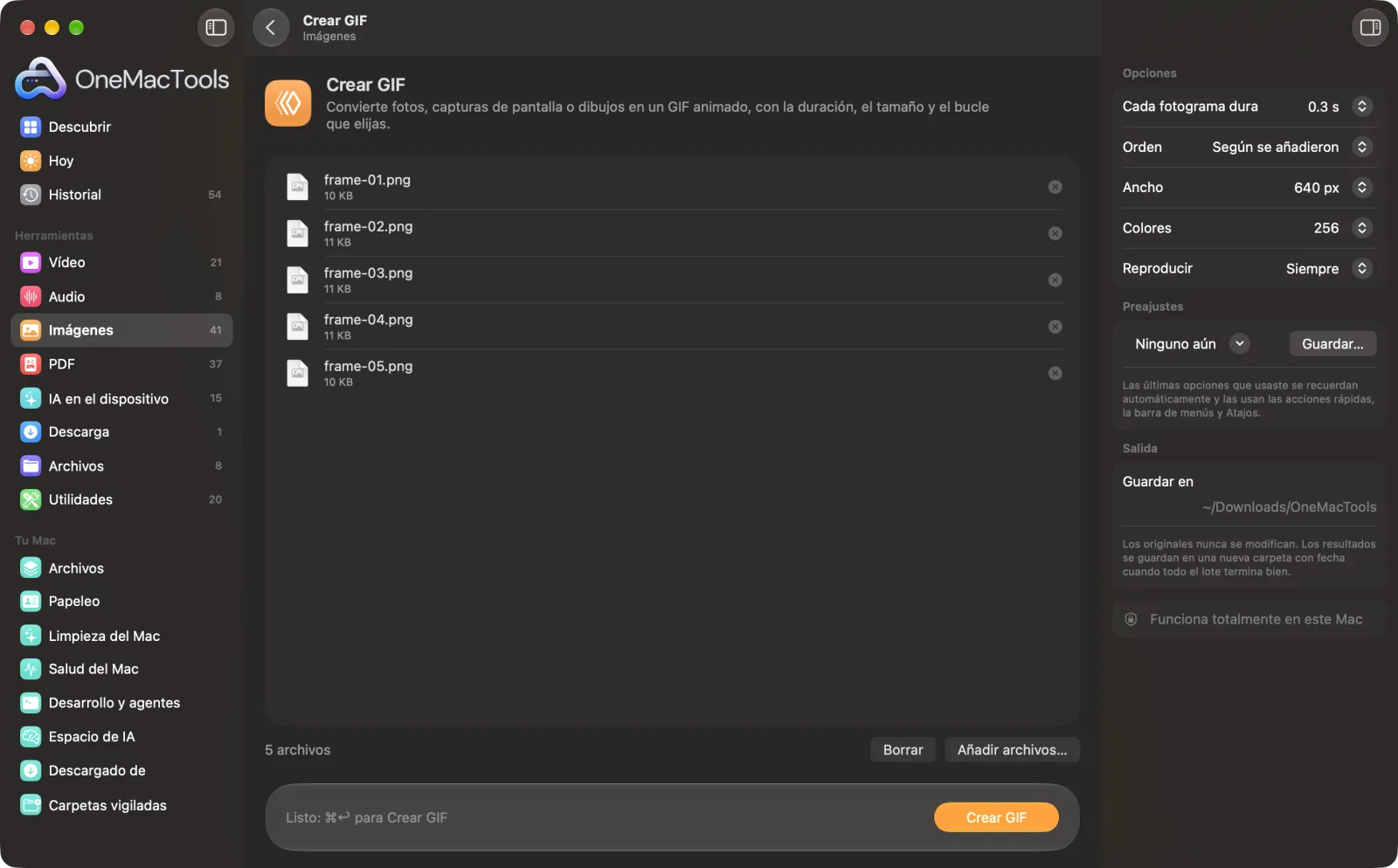 Crear GIF en OneMacTools en un Mac, con archivos de ejemplo y sus opciones