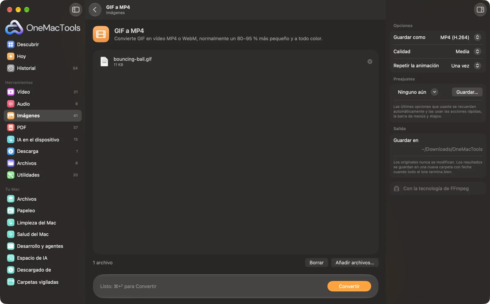 GIF a MP4 en OneMacTools en un Mac, con archivos de ejemplo y sus opciones