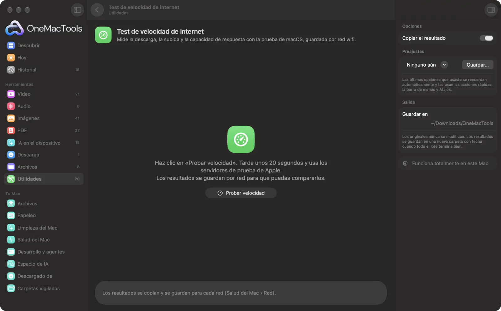 Test de velocidad de internet en OneMacTools en un Mac, con archivos de ejemplo y sus opciones