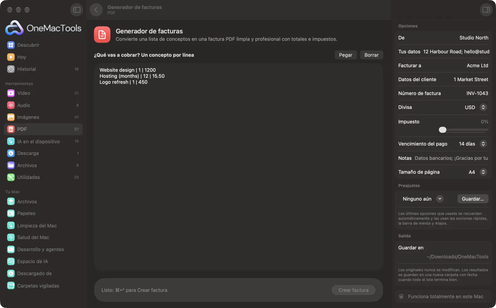 Generador de facturas en OneMacTools con archivos de ejemplo cargados y el panel de opciones abierto