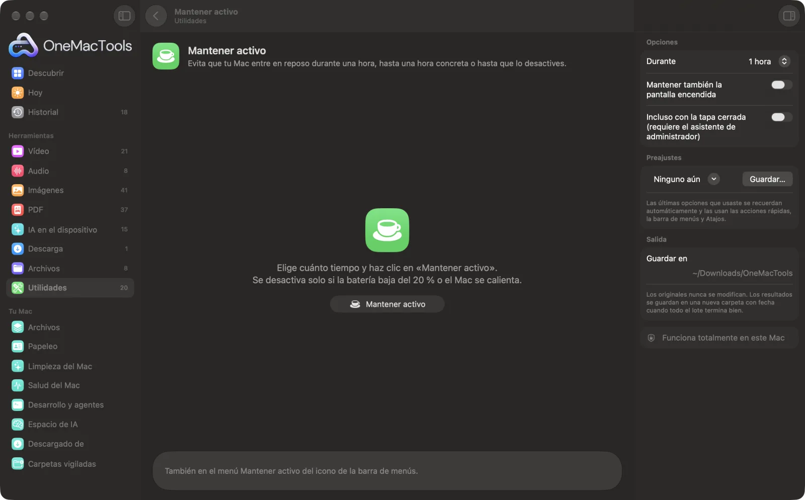 Mantener activo en OneMacTools en un Mac, con archivos de ejemplo y sus opciones