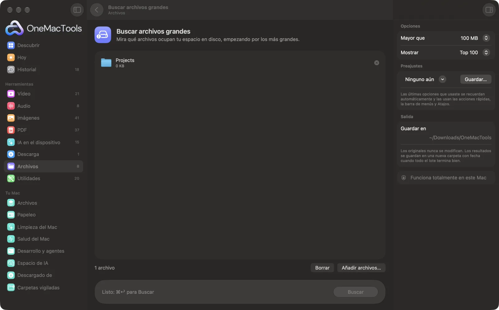 Buscar archivos grandes en OneMacTools en un Mac, con archivos de ejemplo y sus opciones