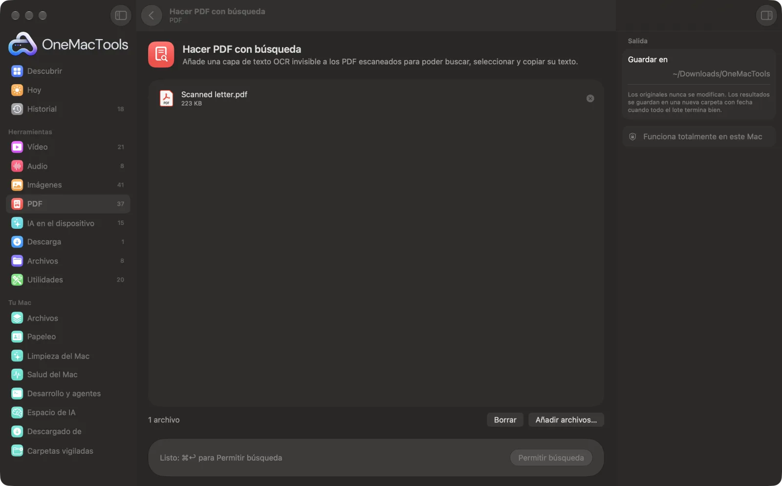 Hacer PDF con búsqueda en OneMacTools en un Mac, con archivos de ejemplo y sus opciones