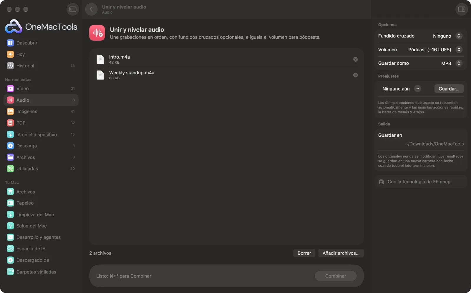 Unir y nivelar audio en OneMacTools en un Mac, con archivos de ejemplo y sus opciones