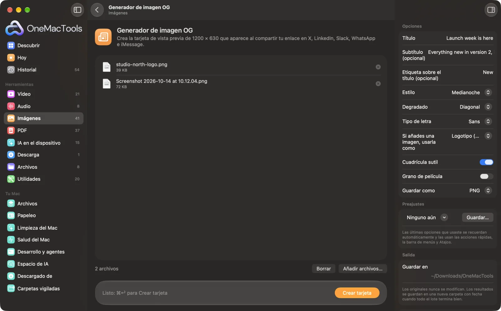 Generador de imagen OG en OneMacTools en un Mac, con archivos de ejemplo y sus opciones