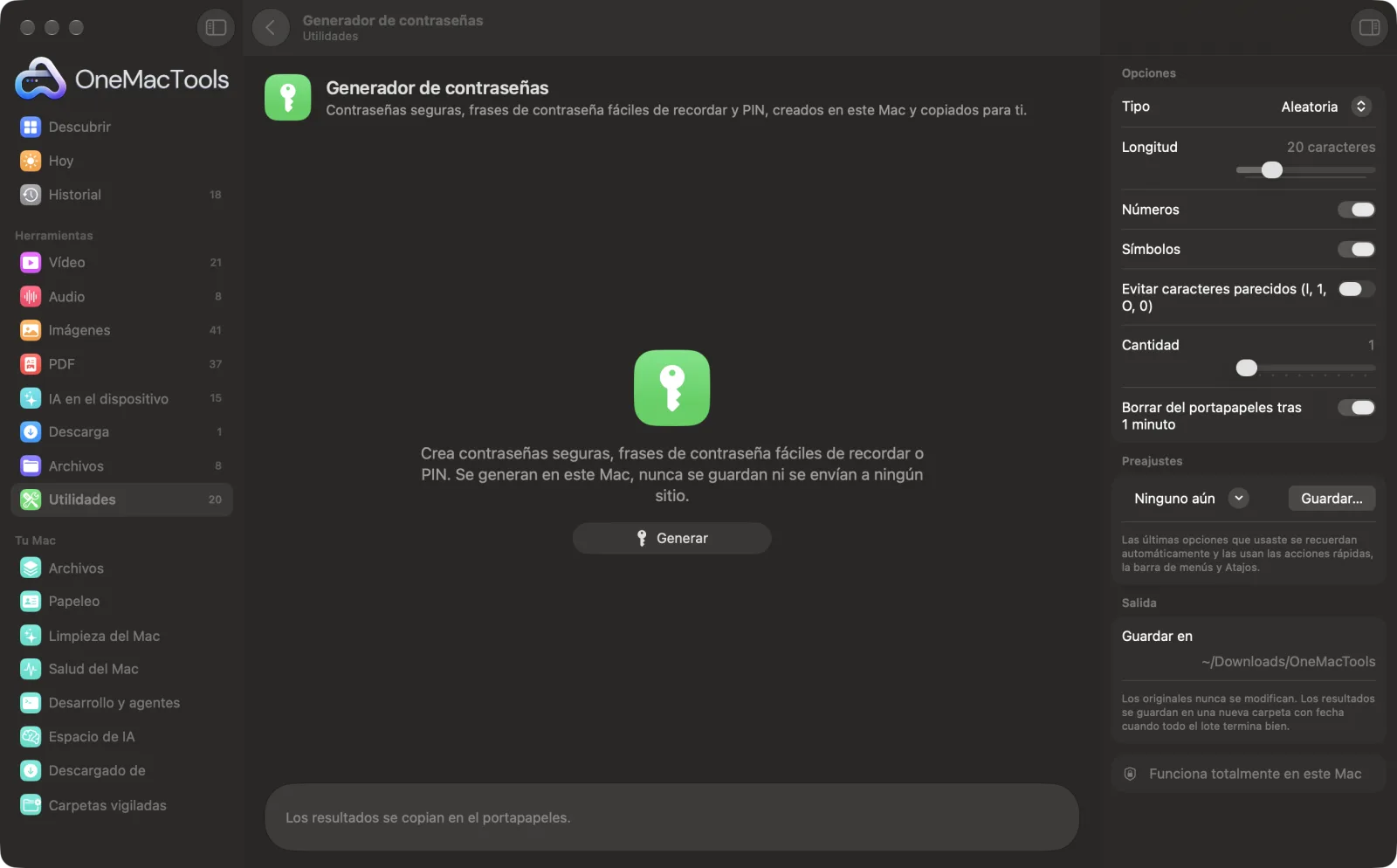 Generador de contraseñas en OneMacTools en un Mac, con archivos de ejemplo y sus opciones
