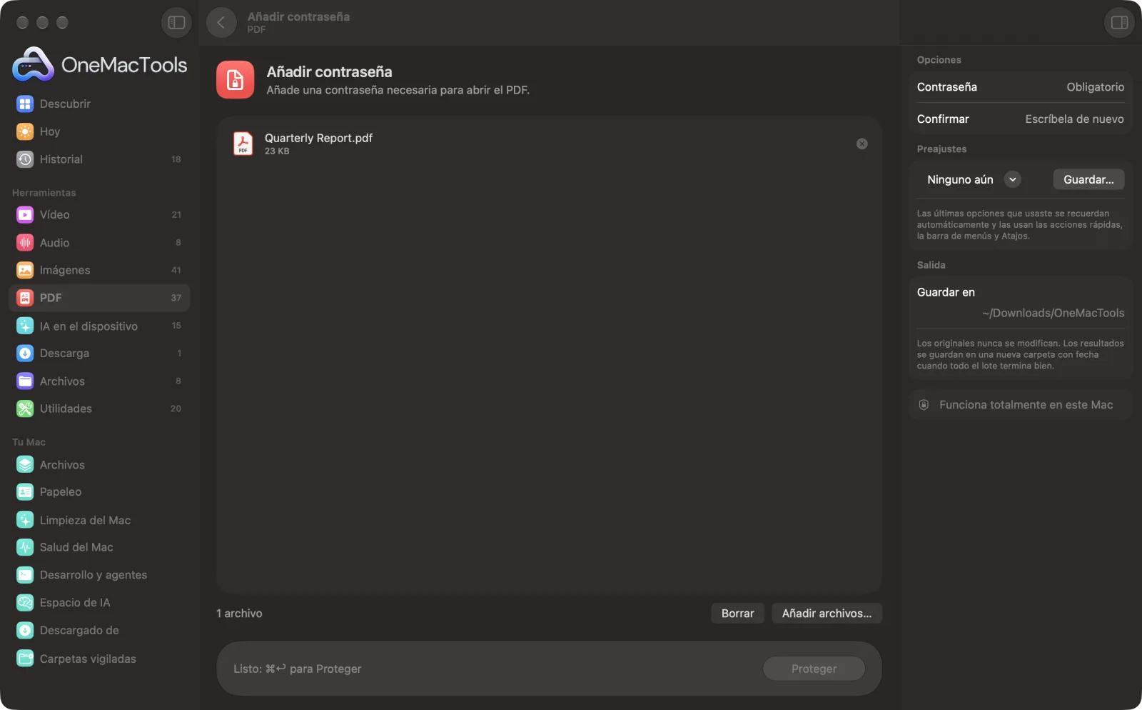 Añadir contraseña en OneMacTools en un Mac, con archivos de ejemplo y sus opciones
