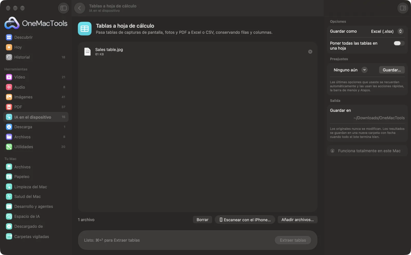PDF a Excel (Tablas a hoja de cálculo) en OneMacTools en un Mac, con archivos de ejemplo y sus opciones