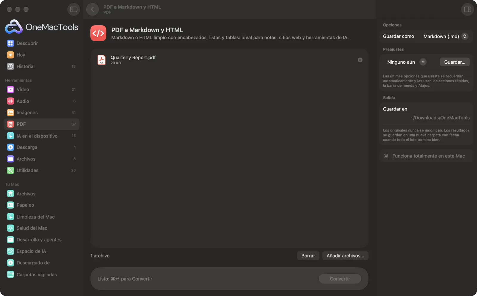 PDF a Markdown y HTML en OneMacTools en un Mac, con archivos de ejemplo y sus opciones