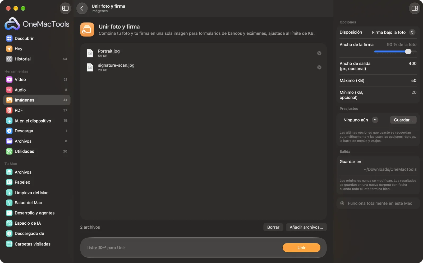 Unir foto y firma en OneMacTools en un Mac, con archivos de ejemplo y sus opciones