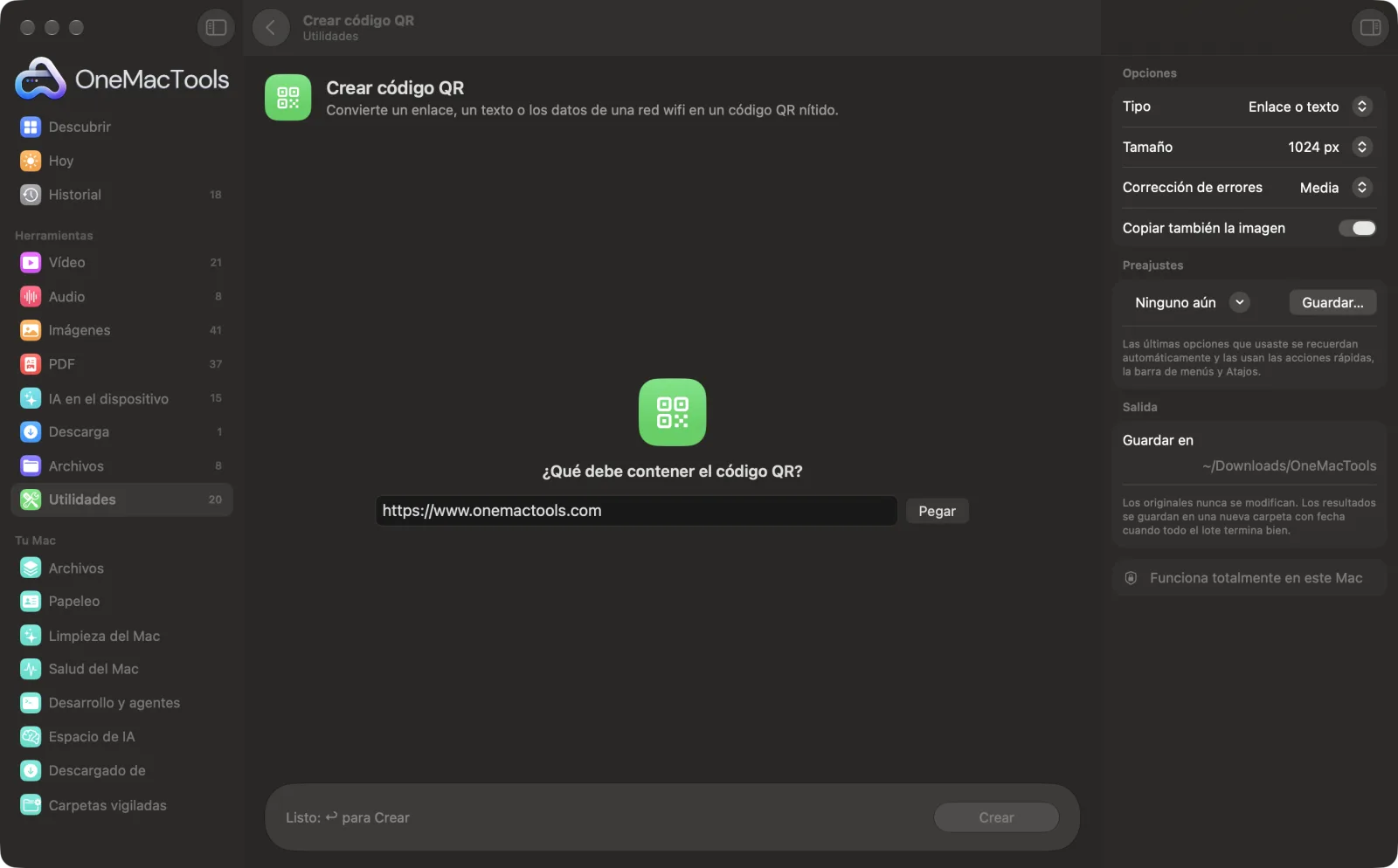 Crear código QR en OneMacTools con archivos de ejemplo cargados y el panel de opciones abierto