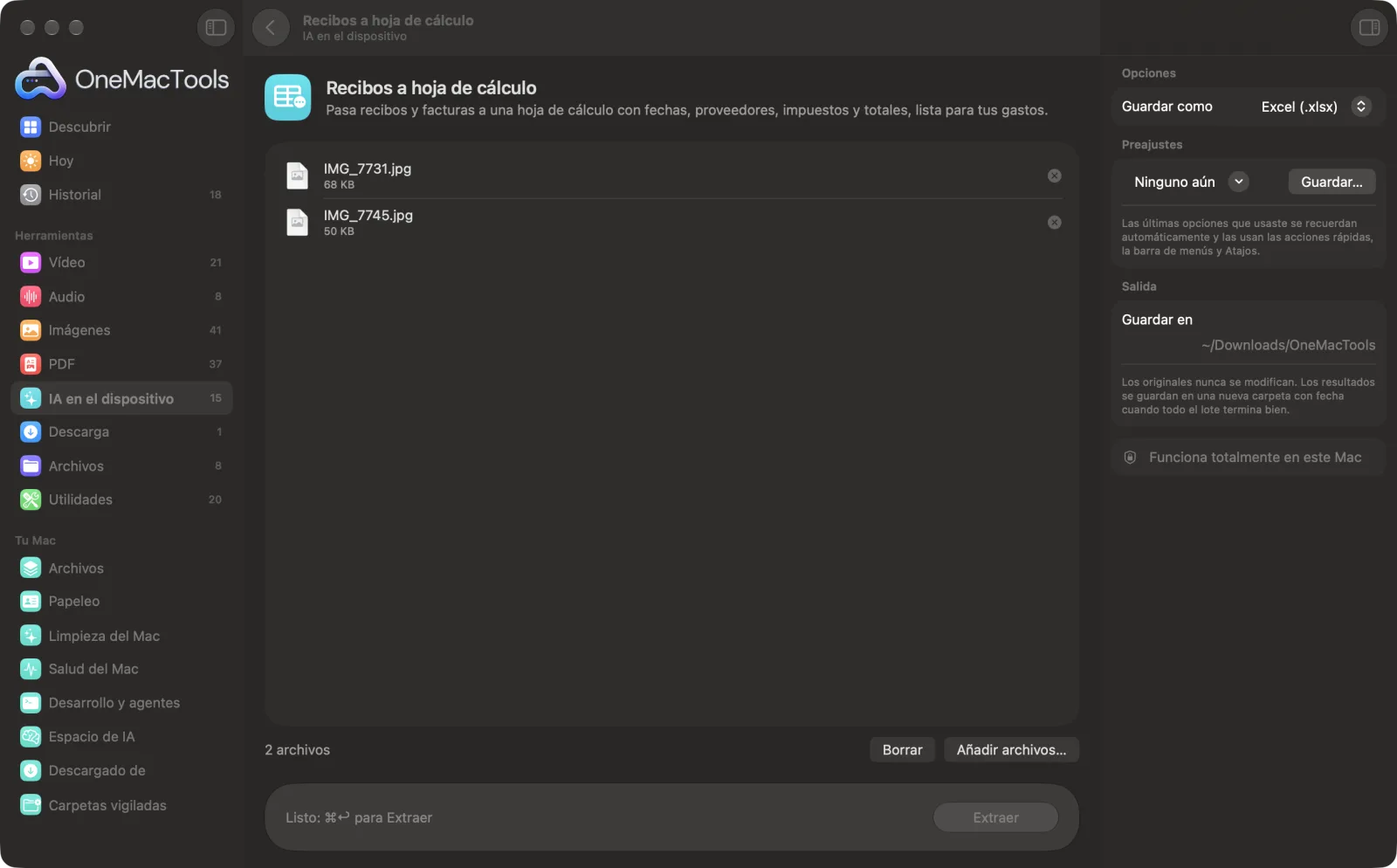 Recibos a hoja de cálculo en OneMacTools con archivos de ejemplo cargados y el panel de opciones abierto