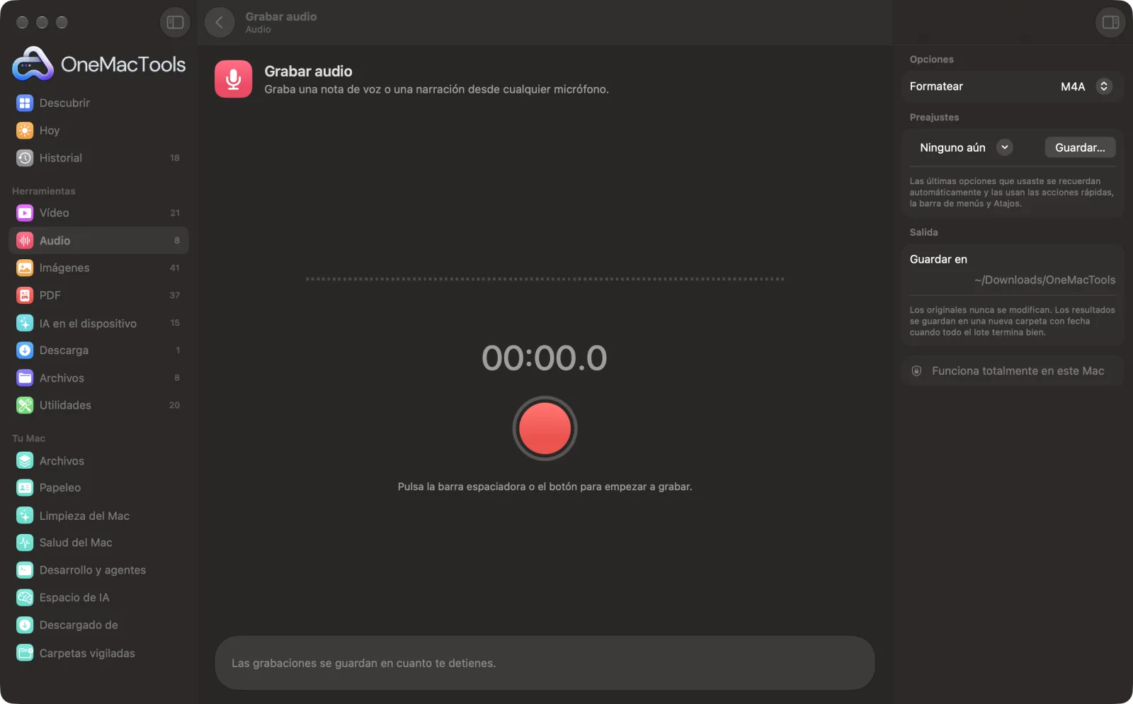 Grabar audio en OneMacTools en un Mac, con archivos de ejemplo y sus opciones