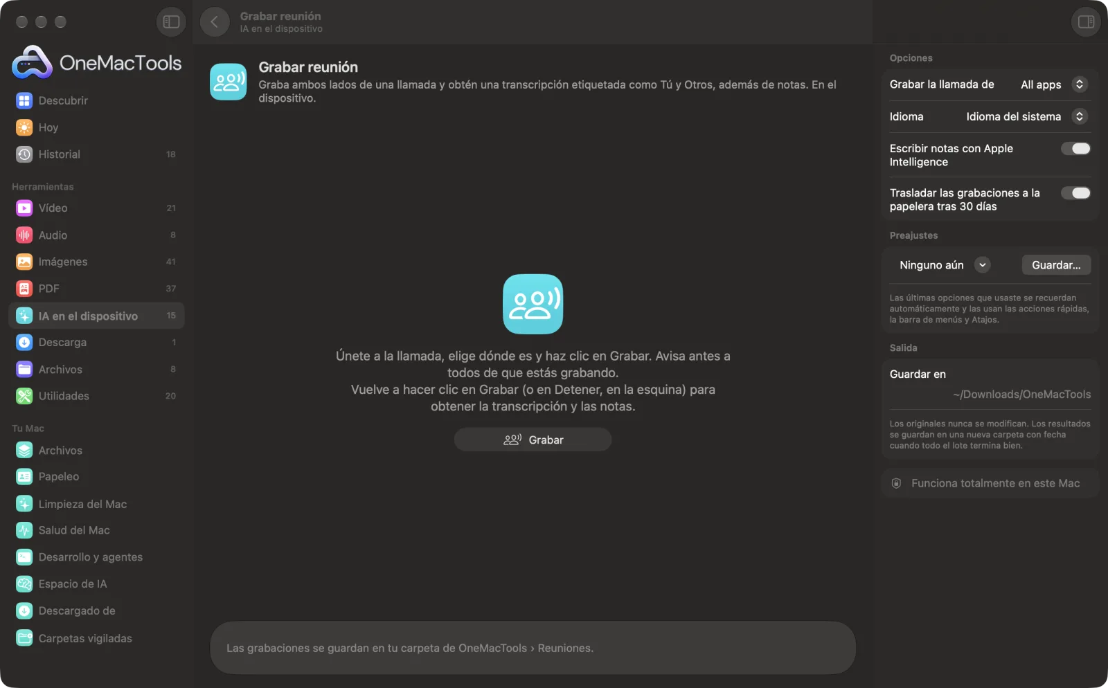 Grabar reunión en OneMacTools en un Mac, con archivos de ejemplo y sus opciones