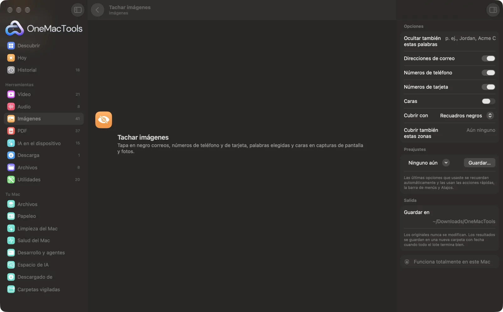 Tachar imágenes en OneMacTools en un Mac, con archivos de ejemplo y sus opciones