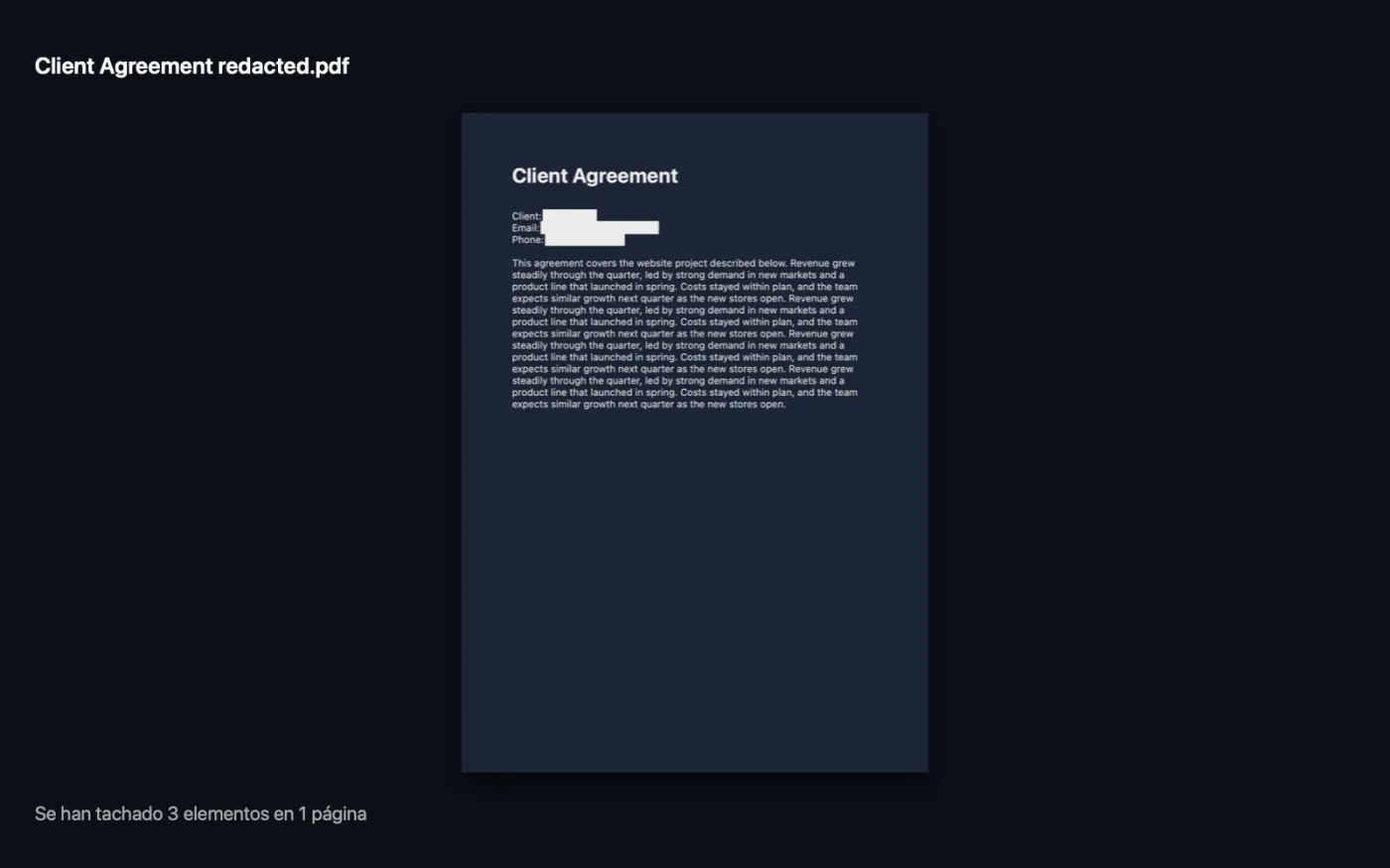 El resultado de Tachar PDF con los archivos de ejemplo