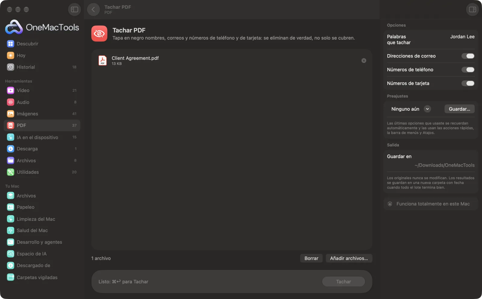 Tachar PDF en OneMacTools con archivos de ejemplo cargados y el panel de opciones abierto