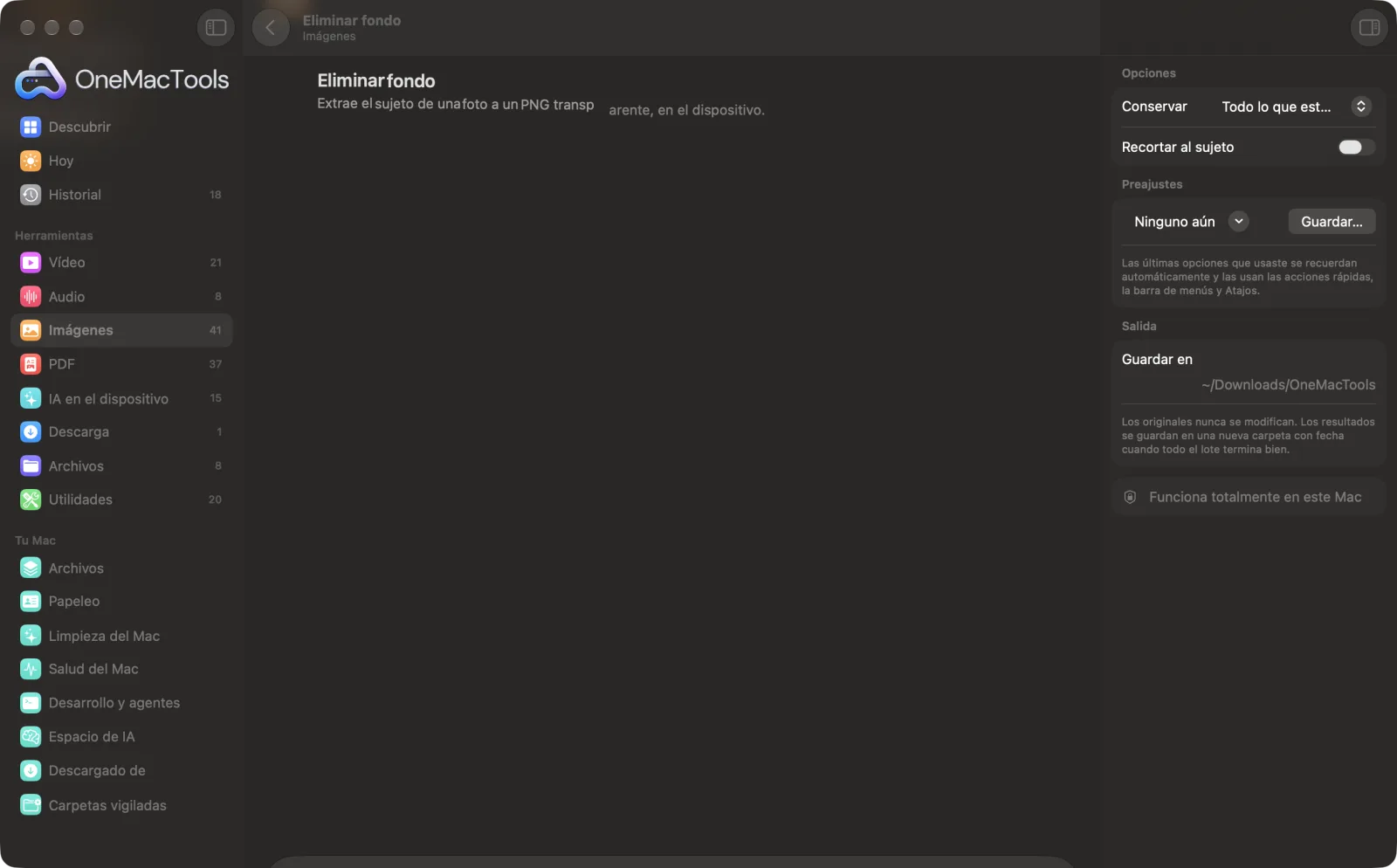 Eliminar fondo en OneMacTools con archivos de ejemplo cargados y el panel de opciones abierto