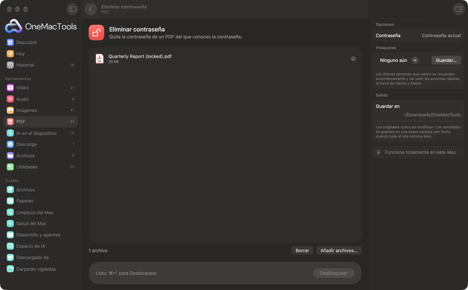 Eliminar contraseña en OneMacTools en un Mac, con archivos de ejemplo y sus opciones