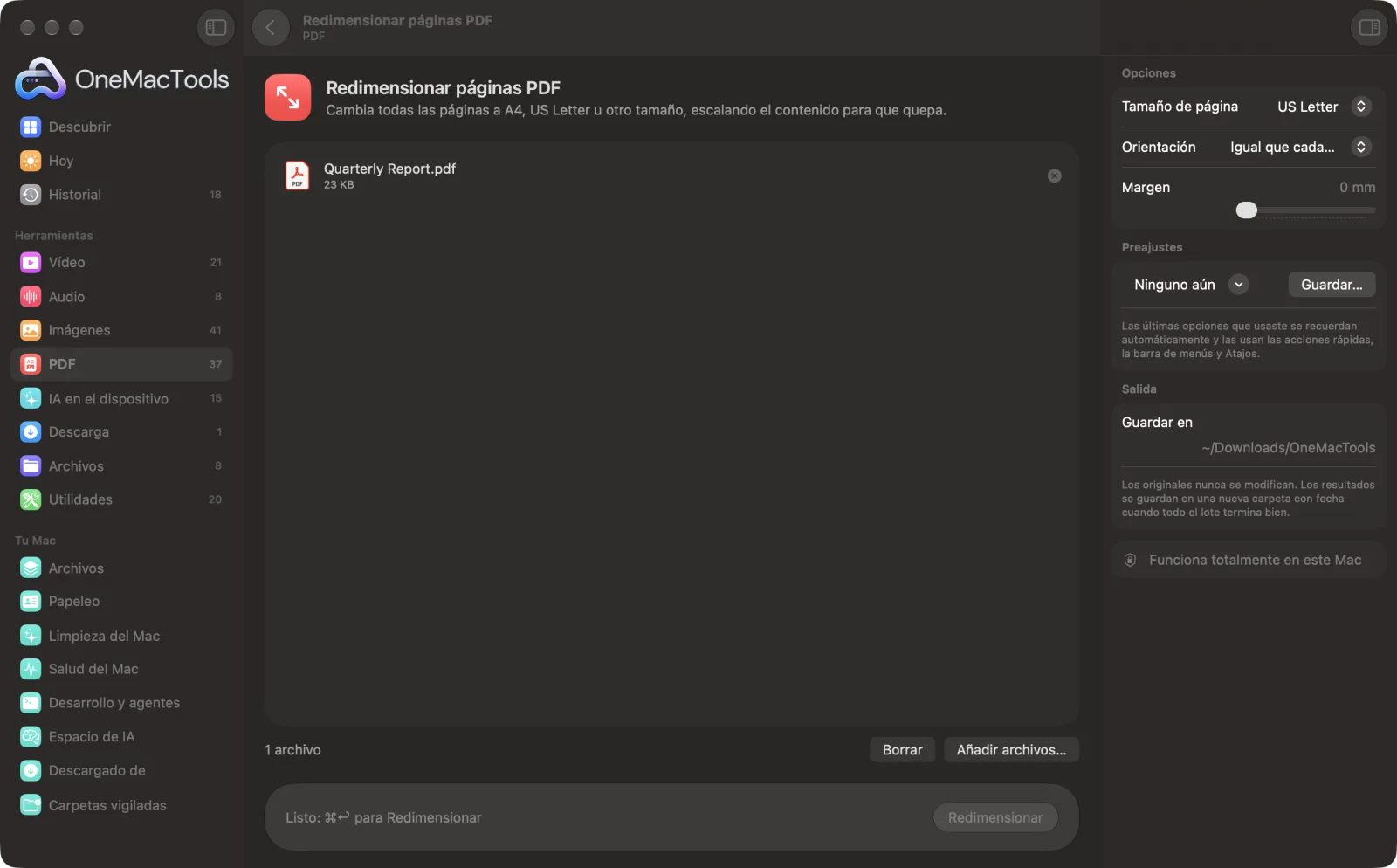 Redimensionar páginas PDF en OneMacTools en un Mac, con archivos de ejemplo y sus opciones