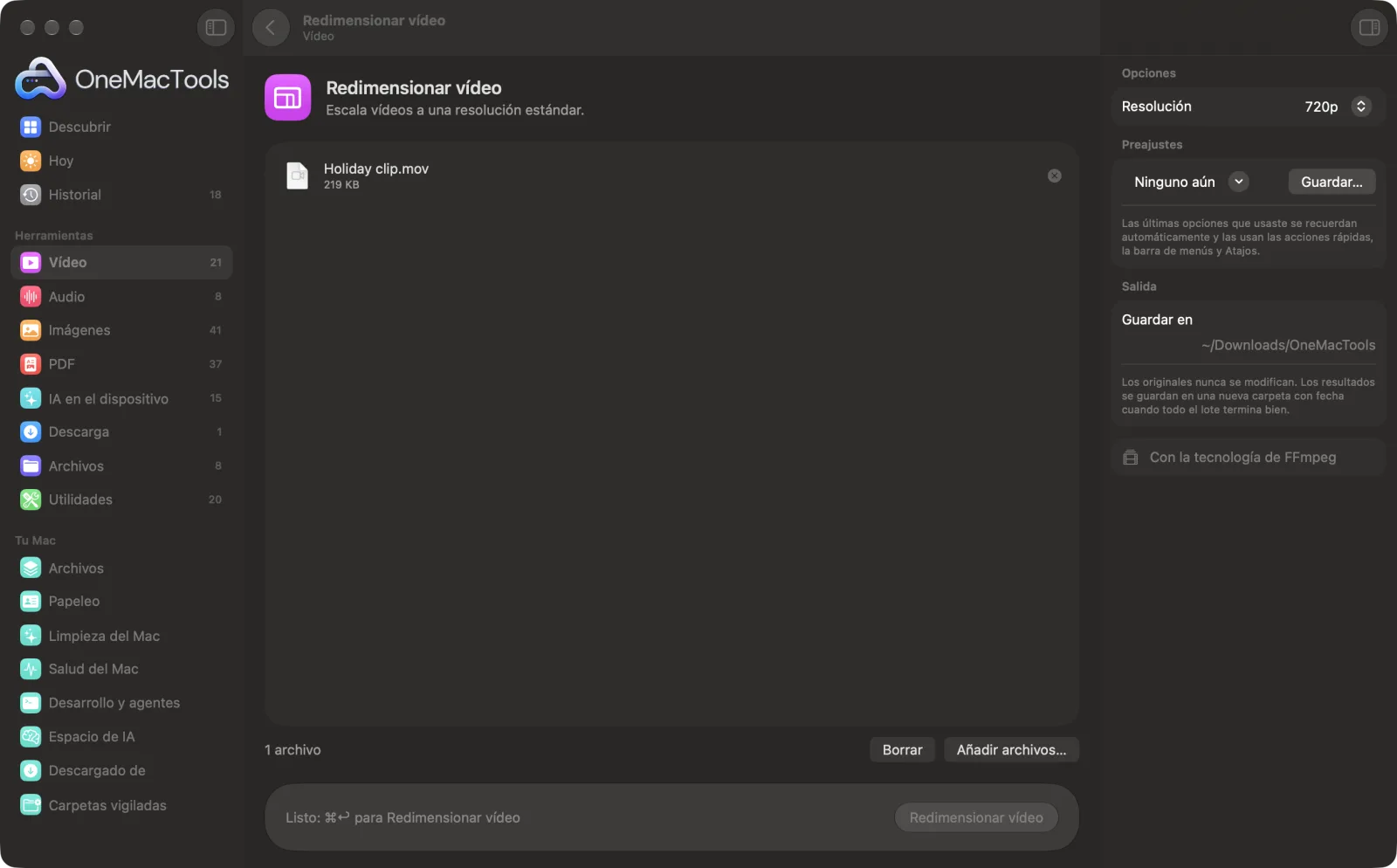 Redimensionar vídeo en OneMacTools en un Mac, con archivos de ejemplo y sus opciones
