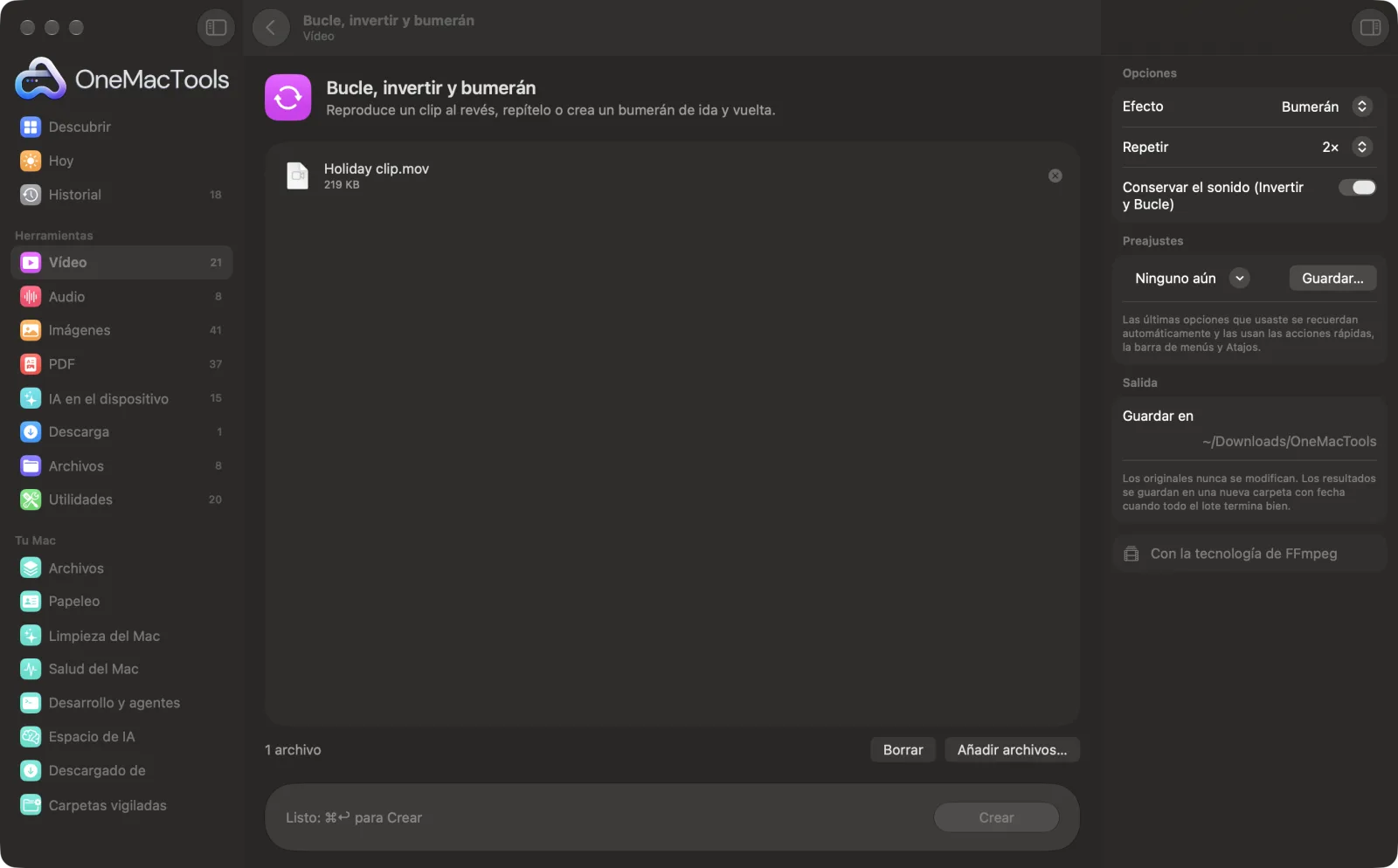 Bucle, invertir y bumerán en OneMacTools en un Mac, con archivos de ejemplo y sus opciones