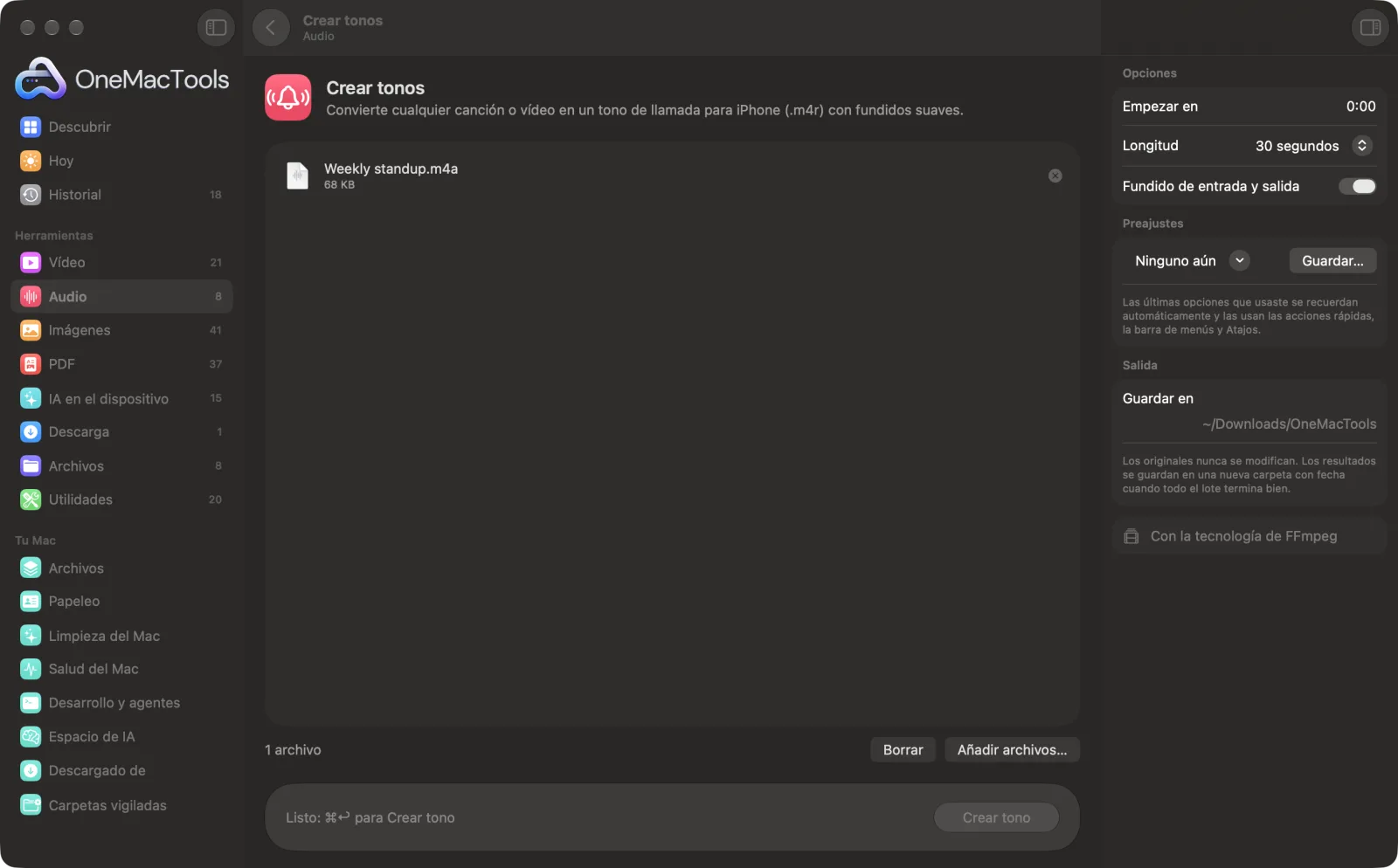 Crear tonos en OneMacTools en un Mac, con archivos de ejemplo y sus opciones