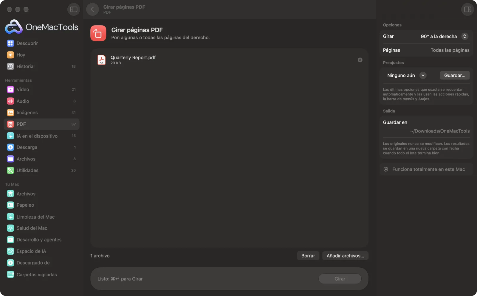 Girar páginas PDF en OneMacTools en un Mac, con archivos de ejemplo y sus opciones
