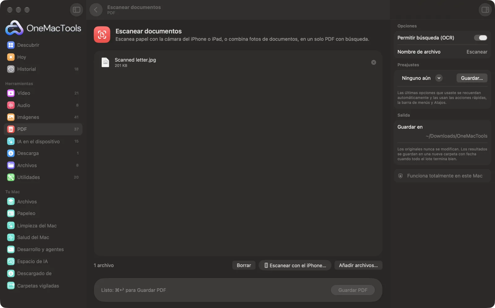 Escanear documentos en OneMacTools en un Mac, con archivos de ejemplo y sus opciones