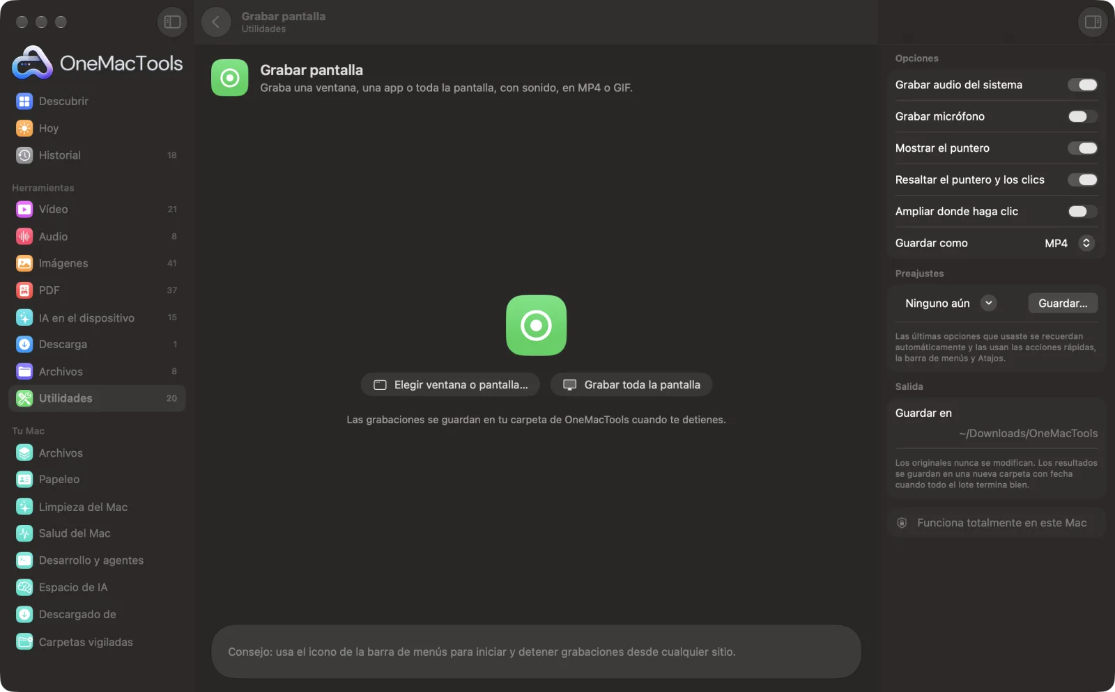 Grabar pantalla en OneMacTools con archivos de ejemplo cargados y el panel de opciones abierto