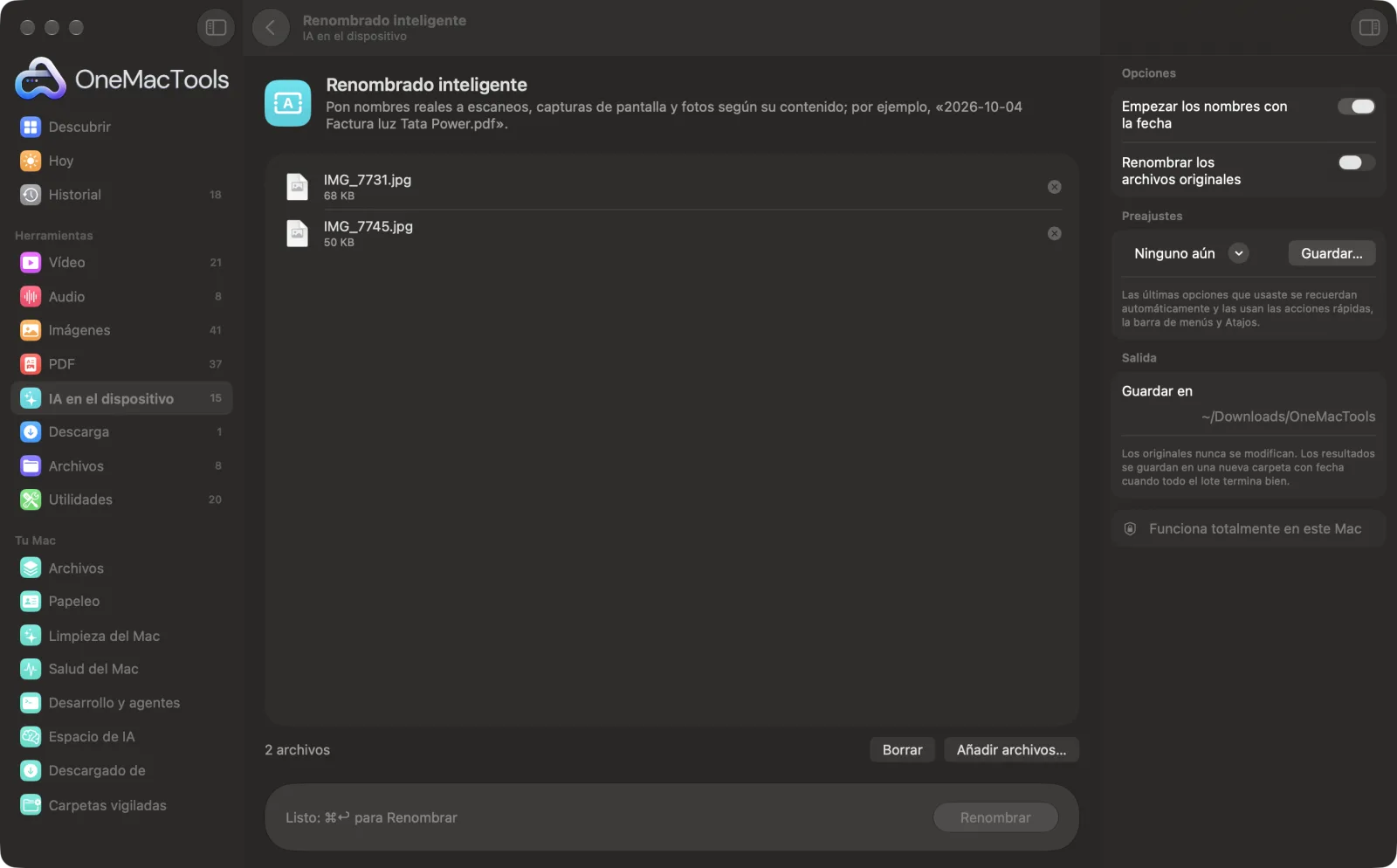 Renombrado inteligente en OneMacTools en un Mac, con archivos de ejemplo y sus opciones