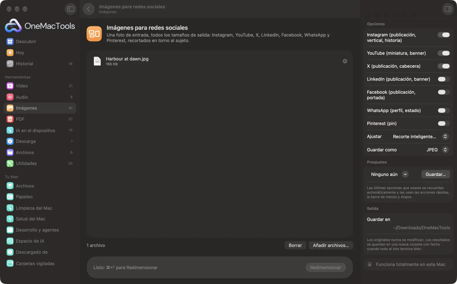 Imágenes para redes sociales en OneMacTools en un Mac, con archivos de ejemplo y sus opciones