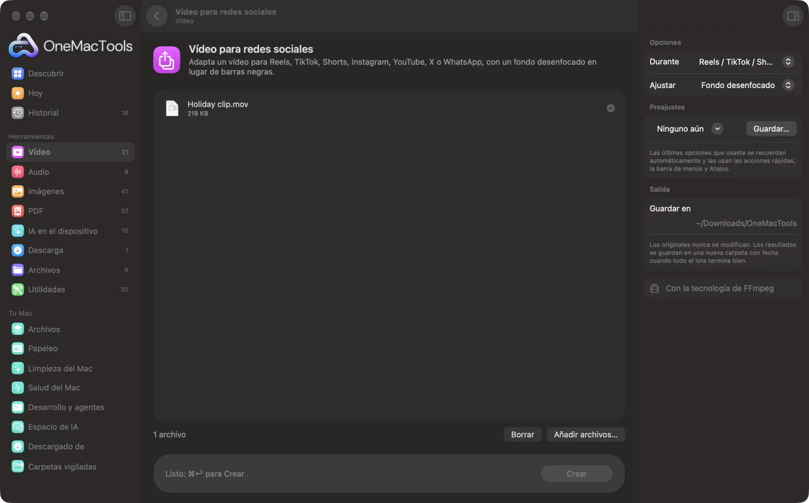 Vídeo para redes sociales en OneMacTools con archivos de ejemplo cargados y el panel de opciones abierto