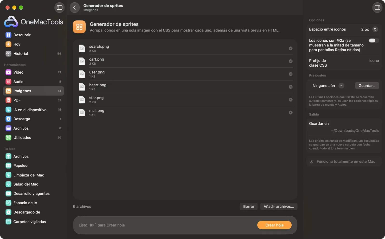 Generador de sprites en OneMacTools en un Mac, con archivos de ejemplo y sus opciones