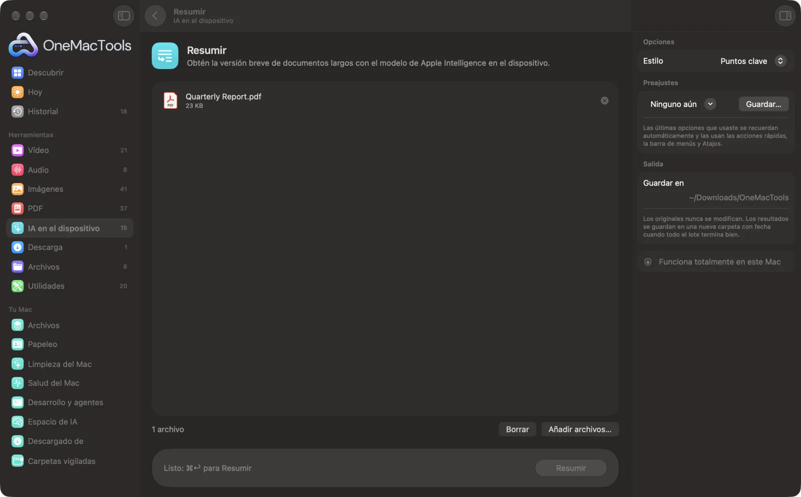 Resumir en OneMacTools en un Mac, con archivos de ejemplo y sus opciones