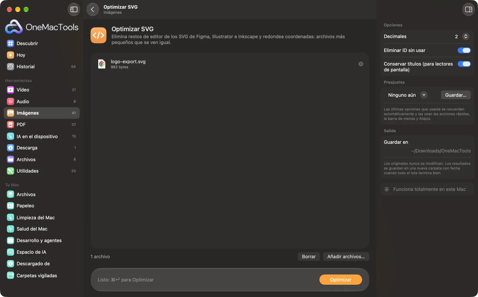 Optimizar SVG en OneMacTools en un Mac, con archivos de ejemplo y sus opciones