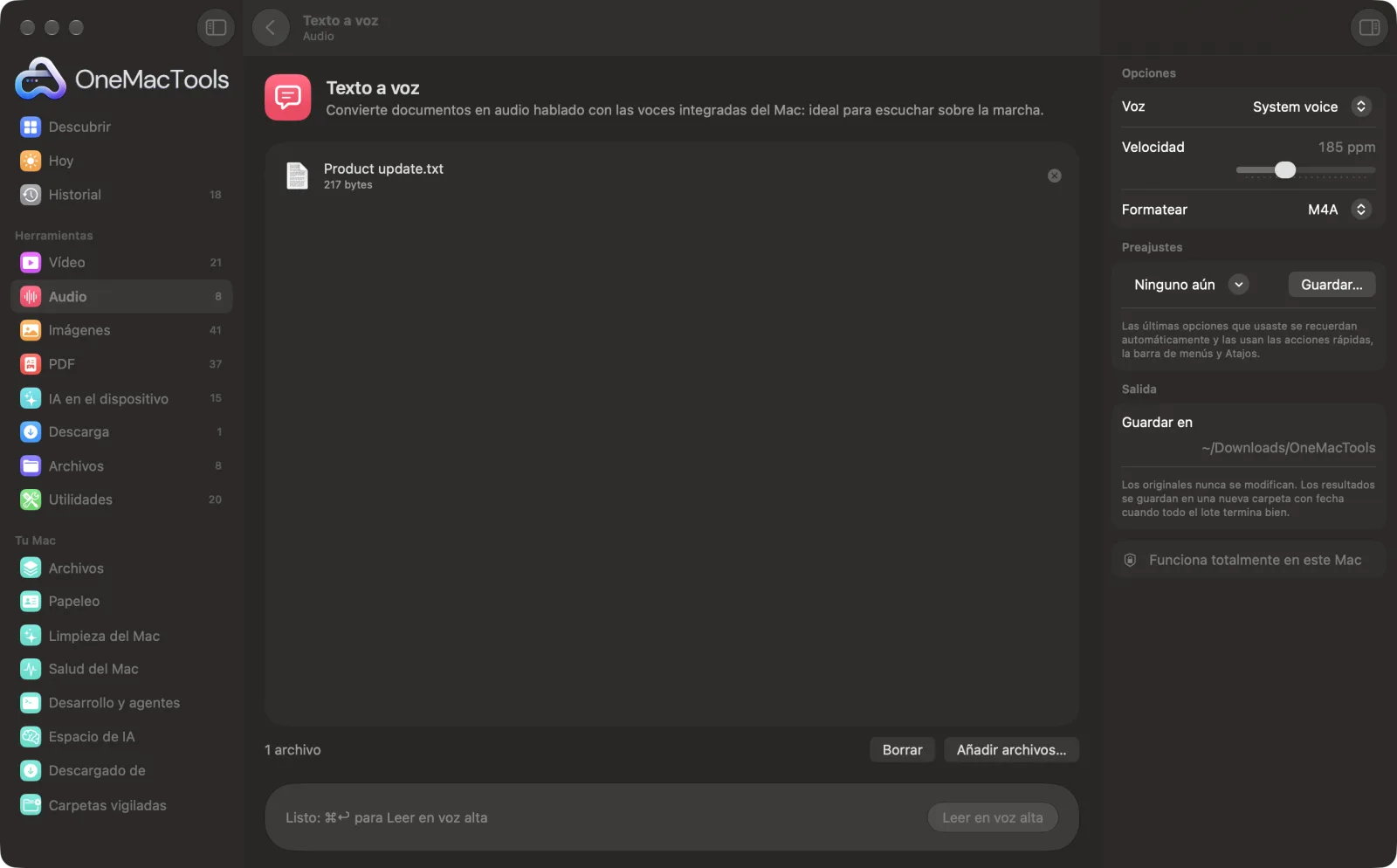 Texto a voz en OneMacTools en un Mac, con archivos de ejemplo y sus opciones