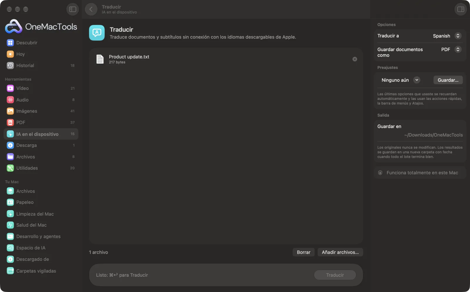 Traducir en OneMacTools en un Mac, con archivos de ejemplo y sus opciones