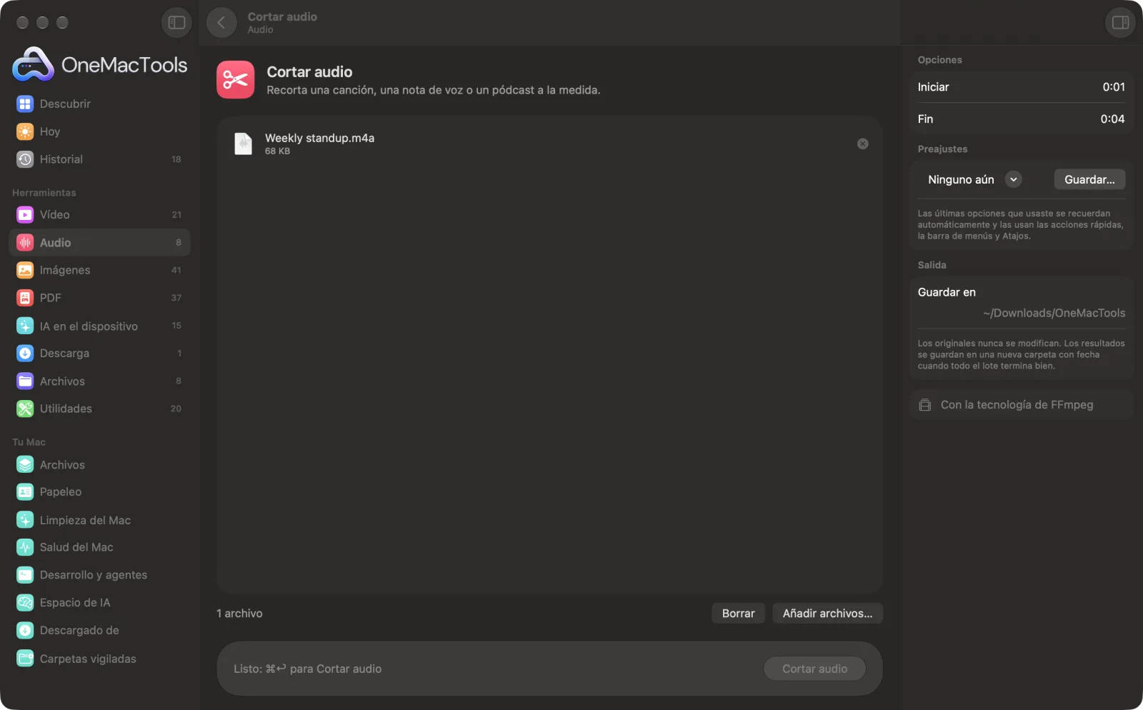 Cortar audio en OneMacTools en un Mac, con archivos de ejemplo y sus opciones