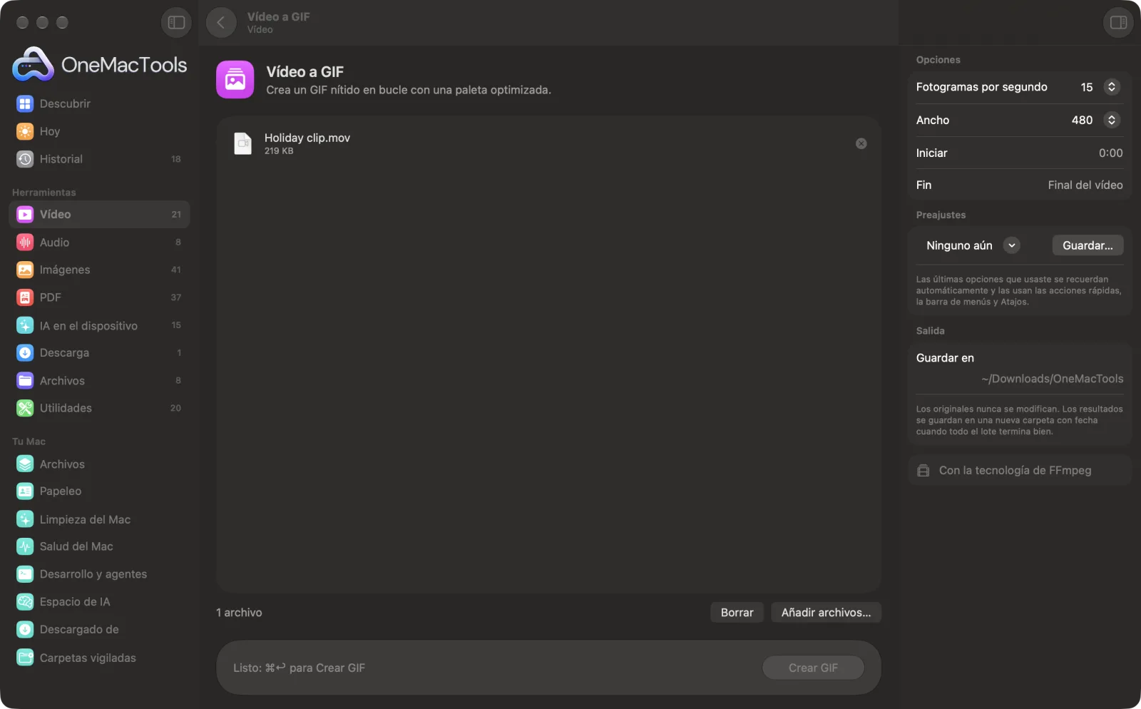 Vídeo a GIF en OneMacTools en un Mac, con archivos de ejemplo y sus opciones