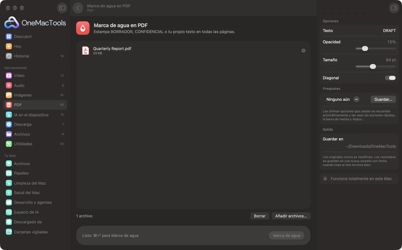 Marca de agua en PDF en OneMacTools en un Mac, con archivos de ejemplo y sus opciones