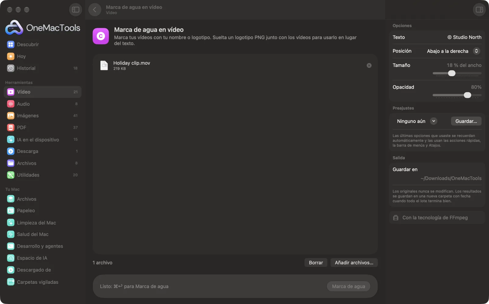 Marca de agua en vídeo en OneMacTools en un Mac, con archivos de ejemplo y sus opciones